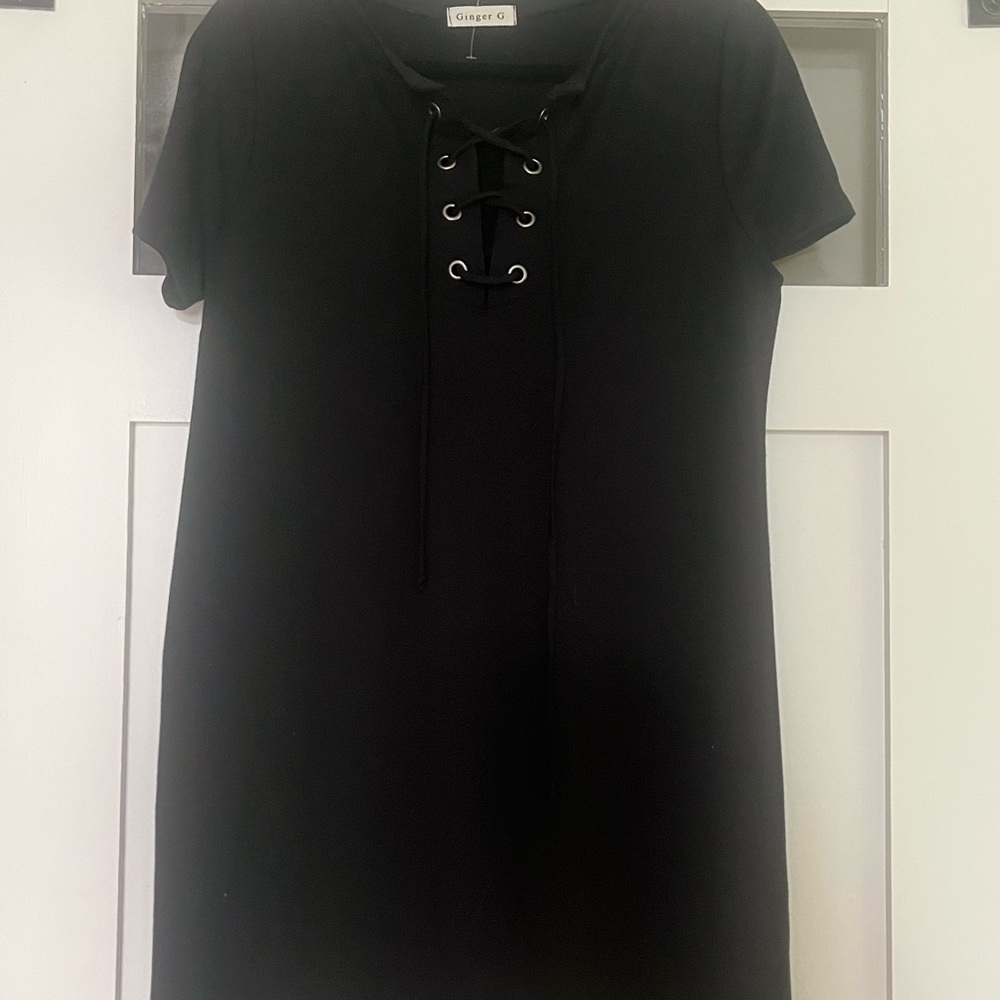 Ginger G Black Lace-Up Shift Mini Dress